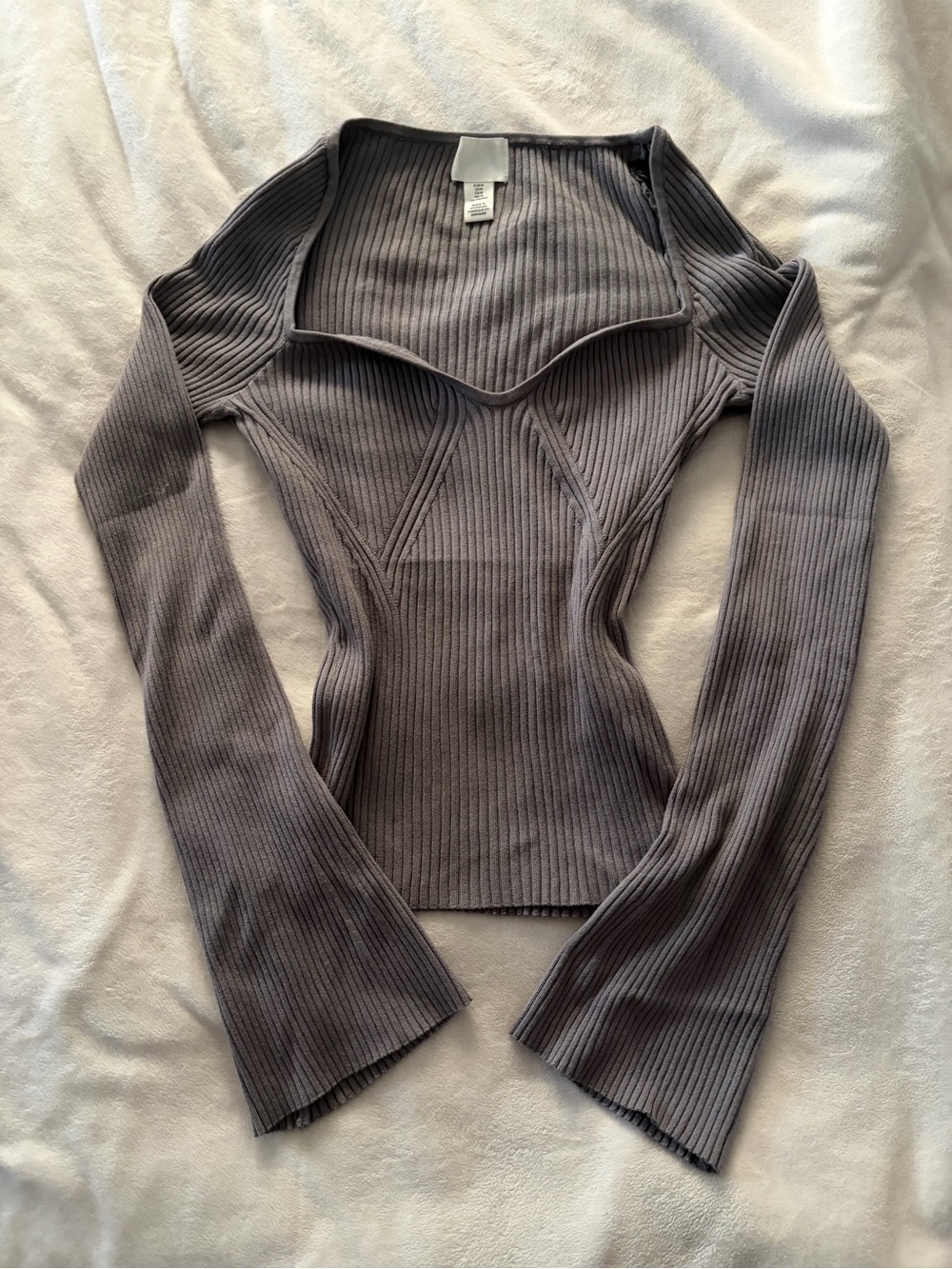 H&M Ribbed Sweetheart Neck Long Sleeve Top in Gray
